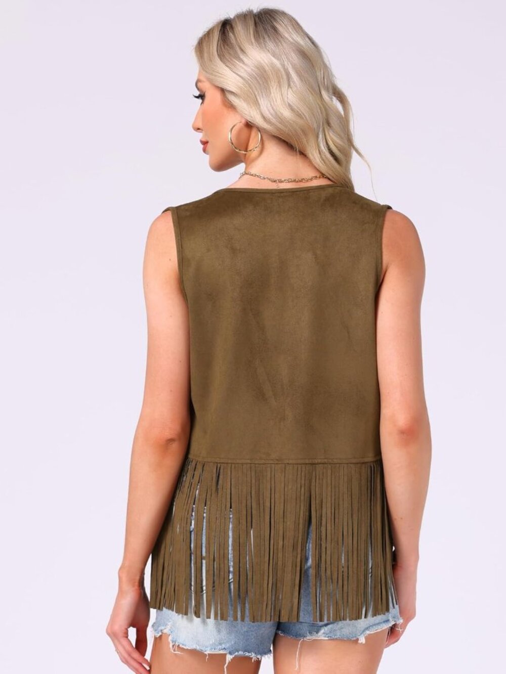 Women's Brown Faux Suede Fringe Top Vest Open Front Western Tassel Cardigan - Picture 4 of 5